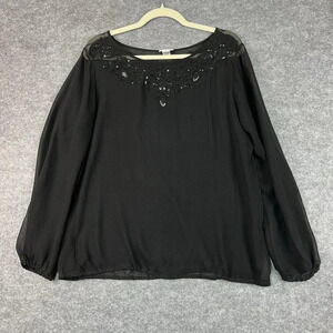 Chico’s 2 Silk Blouse Womens L Black Sheer Bubble Hem‎ Embellished Neckline